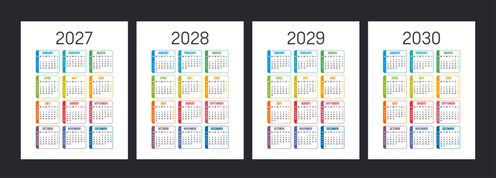 English Calendar Set 2027, 2028, 2029, 2030, Colorful Vector with Week Numbers, White Background, Wall Planner Layout