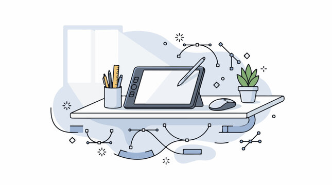 A graphic design workspace with a tablet, mouse, and plant on a desk