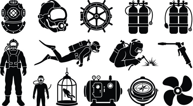Comprehensive Commercial Diving and Underwater Operations Icon Set Featuring Diving Helmets, Scuba Gear, Underwater Welding, Divers, Diving Bells, and Marine Equipment