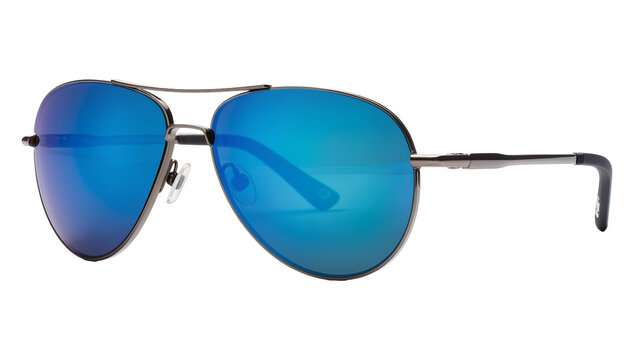 Isolated stylish aviator sunglasses with vibrant blue mirrored lenses and dark metallic frame