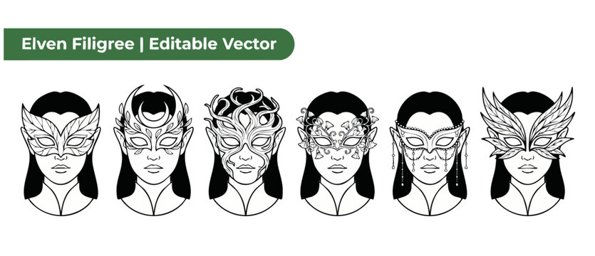 Elven fantasy mask line art set of female elf portraits wearing decorative filigree masquerade masks with nature, leaf, moon, and floral designs for mystical cosplay and fantasy roleplay avatars.