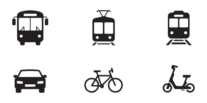 Set of transportation icons including bus tram train car bicycle and scooter isolated on transparent.
