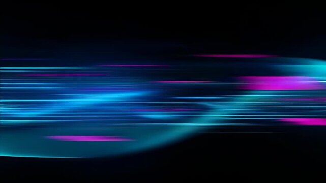 Animation starting creating glowing cyan-blue ribbon sliding across dark canvas magenta flashes