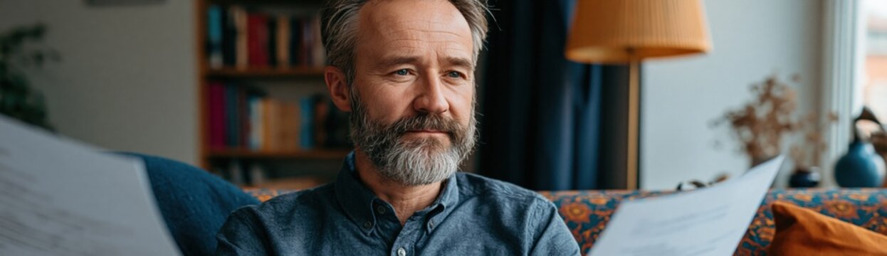 Bearded man calmly reviewing documents at home on sofa for retirement planning and personal finance background and banner design