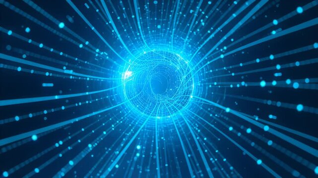 Brightening glowing core pulling particles inward through navy tunnel, with wireframe spiral
