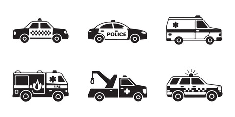 Set of city transport icons including taxi car police car ambulance fire truck tow truck and police suv. © Sen