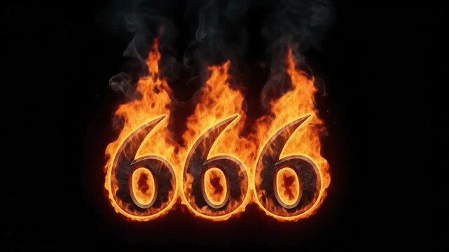 Number 666 Burning in Flames with Smoke on Black Background
