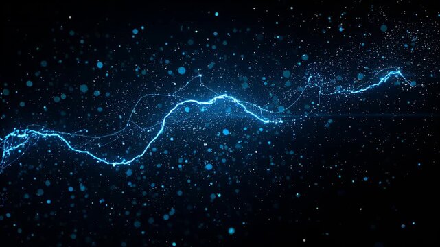 Brightening blue filament traveling across deep void, forming nodes and scattering tiny particles