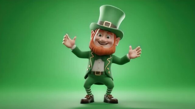 Happy cartoon leprechaun character with a bright orange beard wearing a traditional green suit and tall hat waving his hands in a cheerful festive holiday pose