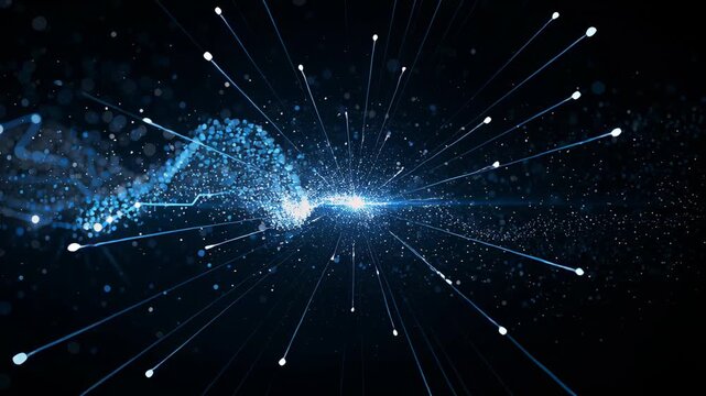 Pulsing blue stream emerging from left nodes, moving right, condensing, colliding, bursting in void