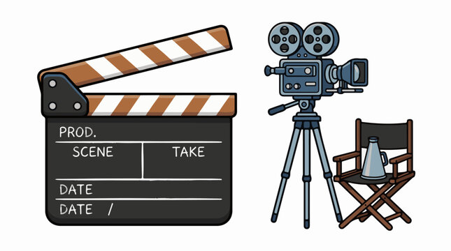 A film clapper board, camera, and director's chair on a white background