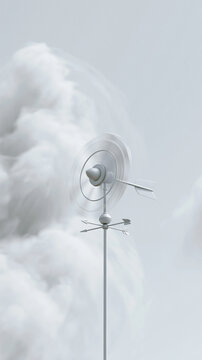 A small decorative wind spinner rotates on a pole against a backdrop of soft white clouds in the sky