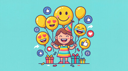 Fototapeta premium Happy girl celebrating with emoji balloons and social media icons