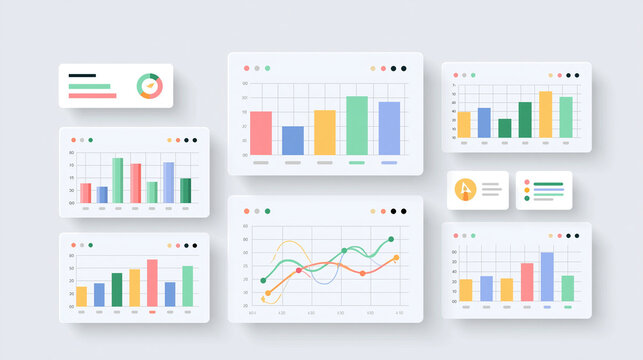 Colorful bar charts and graphs with upward trends and data analysis tools