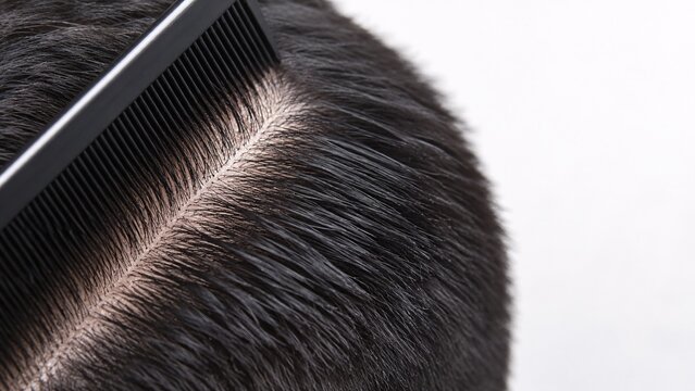 Extreme close-up of a black comb parting thick dark hair to reveal the healthy scalp and hair roots