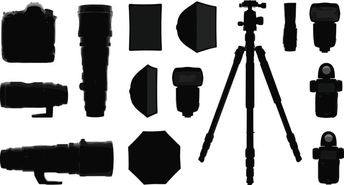 Photography Equipment Icon Set Featuring Cameras, Lenses, Tripod, Speedlight Flashes, and Softbox Lighting Modifiers for Professional Studio and Creative Photography Design Projects