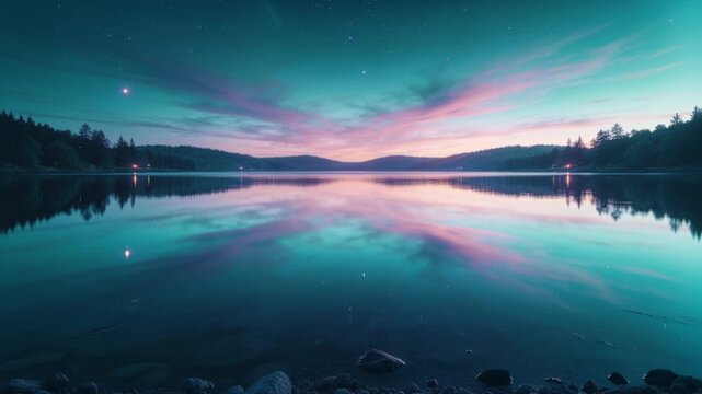 Mirroring calm lake showing colorful twilight sky at lakeshore, camera pulling back to reveal rocks