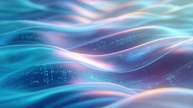 Sequence starting layered ribbons flowing and crossing in field with digital dots, suggesting depth