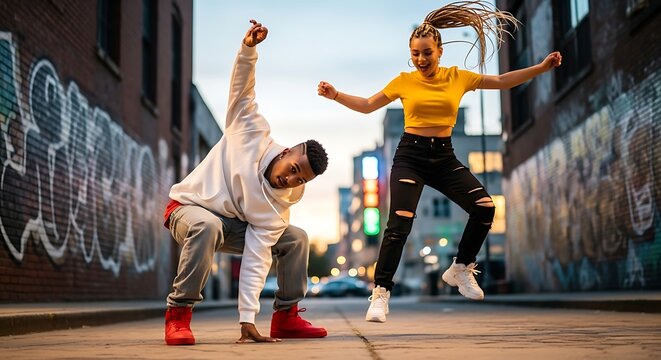 Young couple dancing joyfully in a graffiti-lined urban alley at sunset