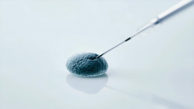 Macro tracking shot of syringe needle piercing single embryonic cell on sterile white laboratory surface under clinical lighting
