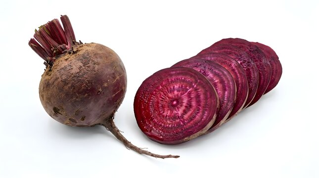 A whole beetroot and several slices of beetroot on a white background