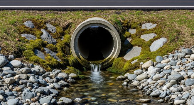 A round concrete culvert pipe directs a gentle stream of water beneath a paved asphalt road, surrounded by grey stones and green moss, stream, ditch, tunnel
