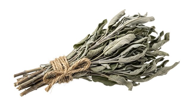 A bundle of dried sage leaves tied with twine, ready for use in cooking or smudging