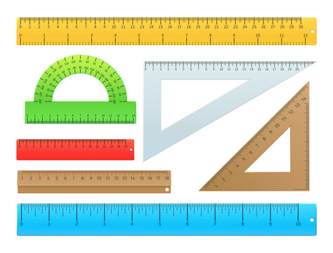 Realistic rulers. Various school supplies. Measuring length and angles. Units of measurement. Centimeter and millimeter scale. Straight lines. Protractor and square. Vector stationeries set