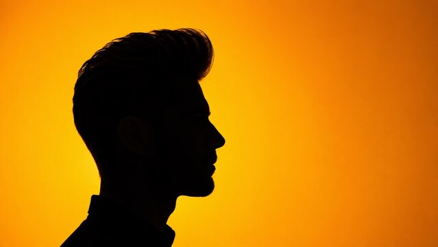 Striking profile silhouette of a man with a stylish pompadour haircut against a vibrant yellow and orange background