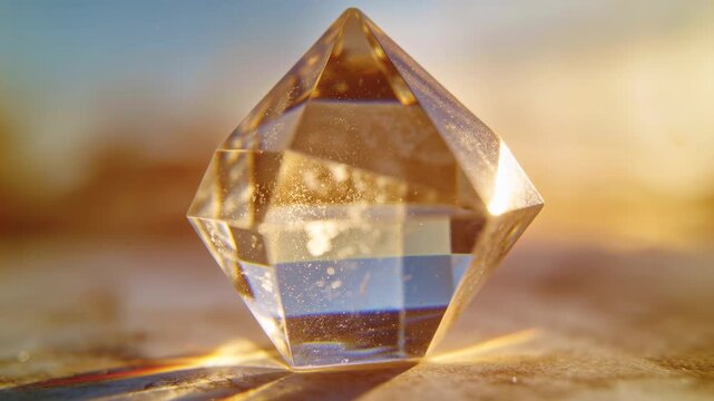Rotating faceted clear crystal responding to sunlight shifting on marble surface, revealing caustic