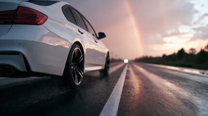Fototapeta premium Sleek silver car races down a winding road at sunset