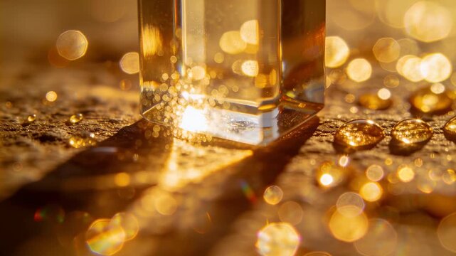 Growing warm sunlight striking vertical glass prism base, creating starburst and spectral droplets