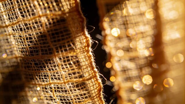 Revealing burlap panel sharpening frayed edge via subtle focus shift in studio, golden bokeh