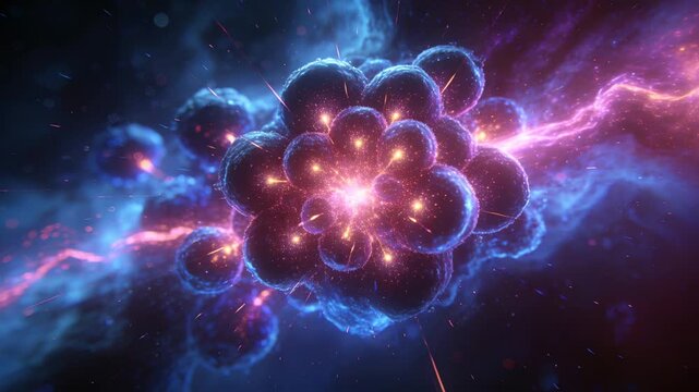 Pulsing cluster of glowing orbs intensifying as magenta filament feeding energy in nebula