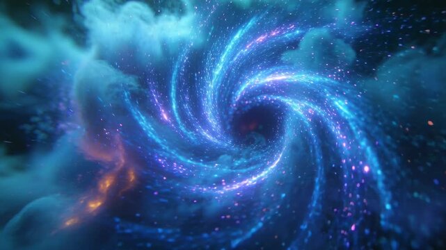 Appearing cyan vortex rotating in space, drawing motes into spiral arms, orange glow brightening