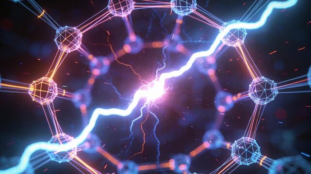 Pulsing lattice reacting to falling arc, emitting plasma flare and sparks in dark simulation
