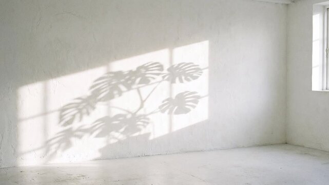 Sunlight casting natural Monstera leaf shadows on a blank white wall, minimalist interior background, peaceful atmosphere