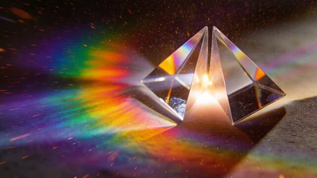 Refracting glass prism splitting white beam from right into rainbow on textured table with sparks