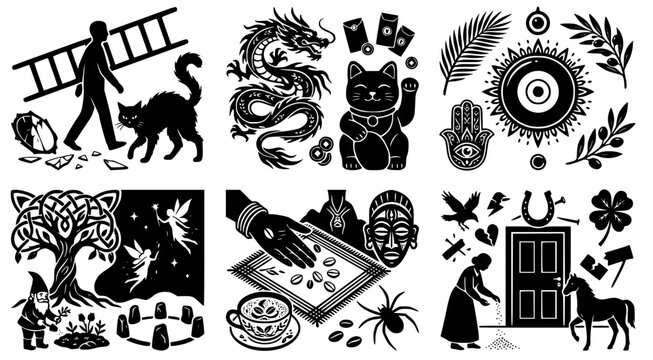 Collection of common superstitions and bad luck omens depicted in a monochromatic hand-drawn vector art illustration