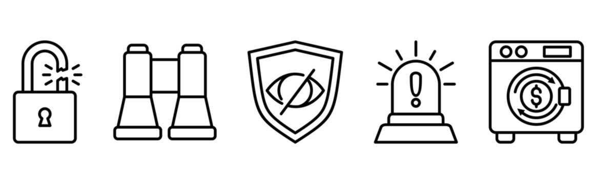 Security breach detection and financial fraud investigation systems icon set