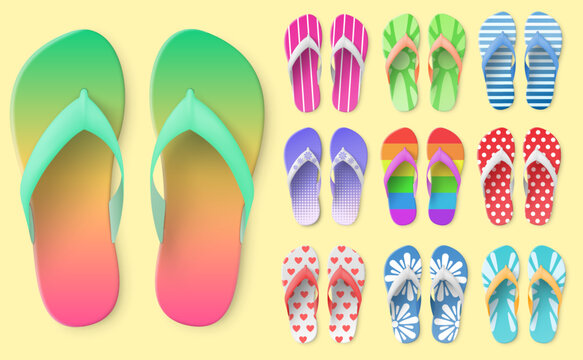 Realistic model of colorful flip flops. 3D model of pool rubber shoes. Patterned pair sandals. Summer beach print. Bathing footgear top view. Bathroom footwear accessories vector set