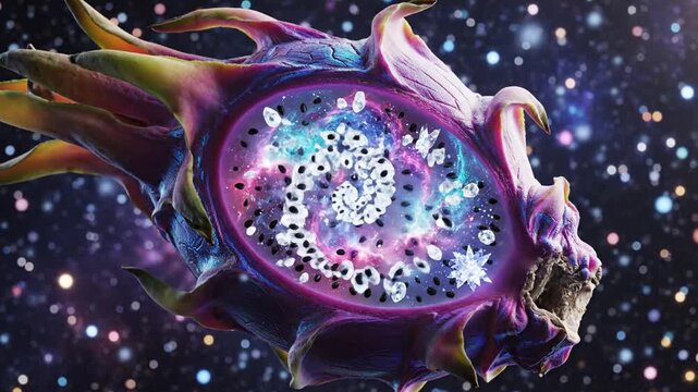 Surreal cosmic dragon fruit with galaxy interior in space