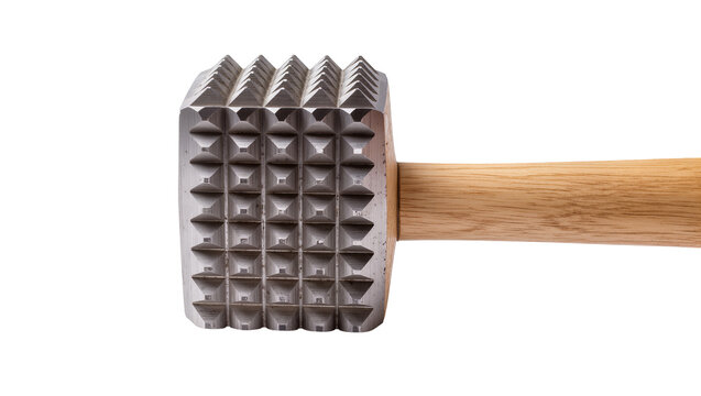 Isolated professional metal meat tenderizer mallet with a natural wooden handle for kitchen