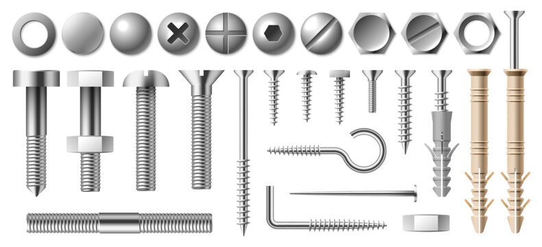 Realistic metal bolts. Steel nuts. Different types of screws or nails. 3D fasteners. Hexagonal metallic caps. Insulated chrome plated fastenings. Build and repair fixing tools vector set