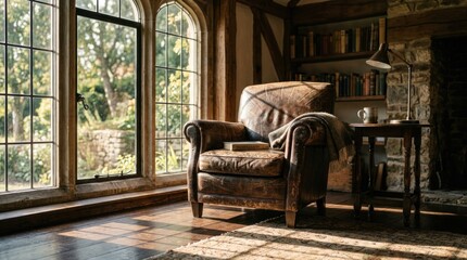Obraz premium Cozy Armchair by Large Gothic Window with Sunlight Streaming In.