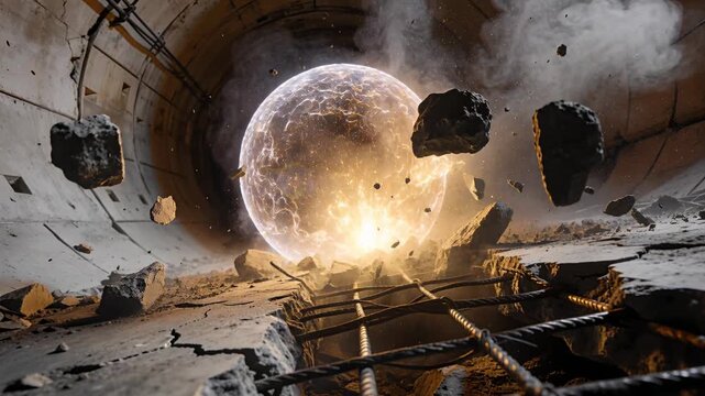 Advancing luminous sphere breaching concrete tunnel, blasting broken slabs and rebar, spewing smoke