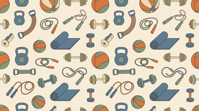 Flat vector seamless pattern, dumbbells and sports equipment

