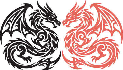 Fototapeta premium Tribal Dragon Vector Set Black and Red Mythical Creatures Illustration