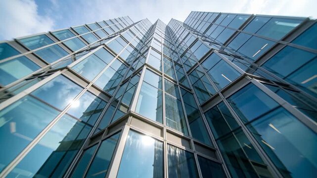 Camera starting upward tilt from street toward glass tower, showing height, sun glare and lights