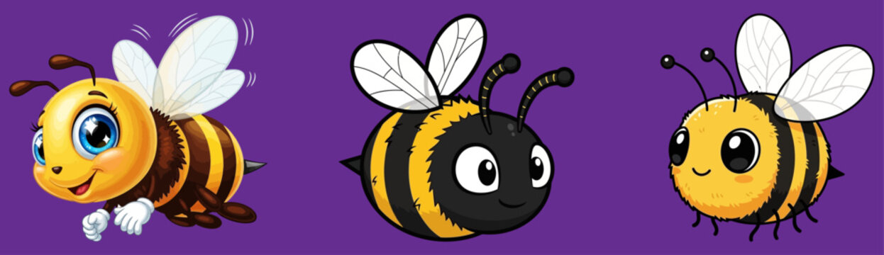 Cartoon bee characters on purple background